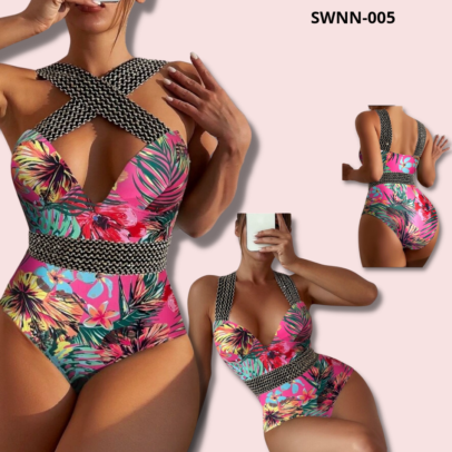 Tropical Print Stitch Detail Push Up One Piece Swimsuit - 005