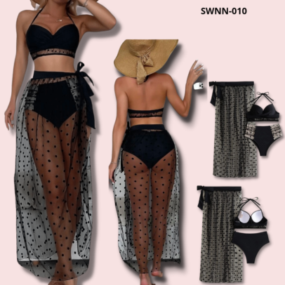3 Piece Polka Dot Print Contrast Mesh Push Up Bikini Swimsuit & Beach Skirt - 010