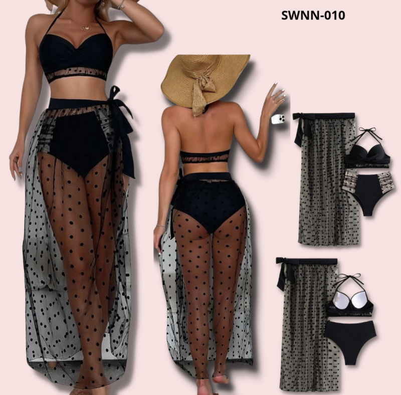 3 Piece Polka Dot Print Contrast Mesh Push Up Bikini Swimsuit & Beach Skirt - 010