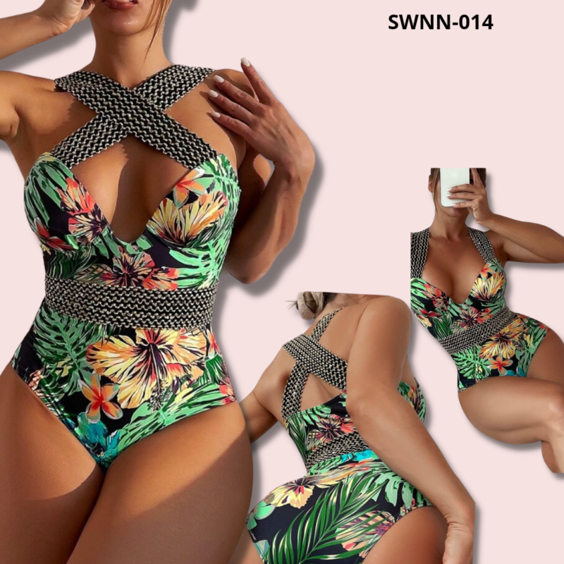 Tropical Print Stitch Detail Push Up One Piece Swimsuit - 014