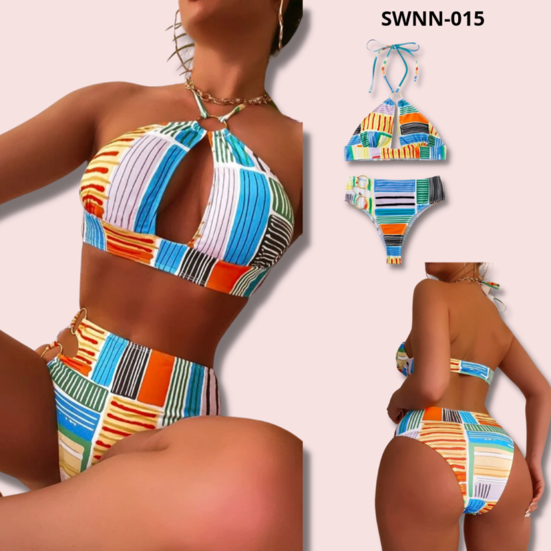 Striped Ring Linked Cut-out Bikini Swimsuit - 015