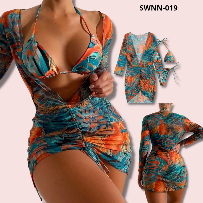 Allover Print Micro Triangle Bikini Swimsuit With Cover Up - 019
