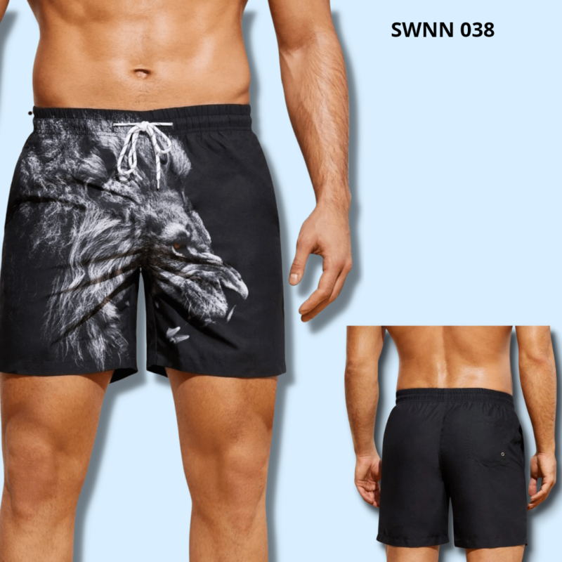 Men 3D Lion Print Drawstring Waist Swim Trunks - 038