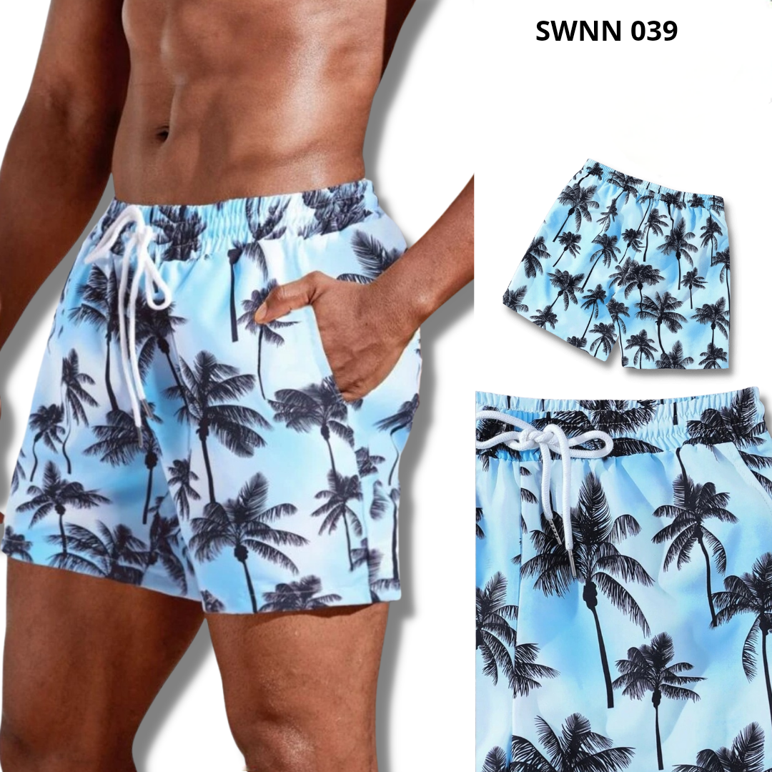 Men Random Palm Tree Print Drawstring Waist Swim Trunks - 039 - Novelty ...