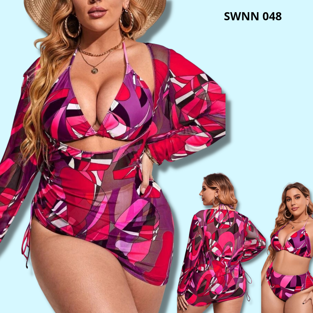 3 Piece Plus Allover Print Triangle Bikini Swimsuit & Kimono 048 Novelty Nook Online Store