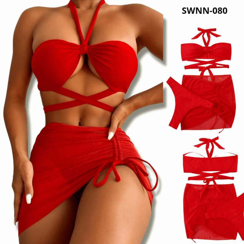 3 Piece Criss Cross Drawstring Bikini Swimsuit - 080