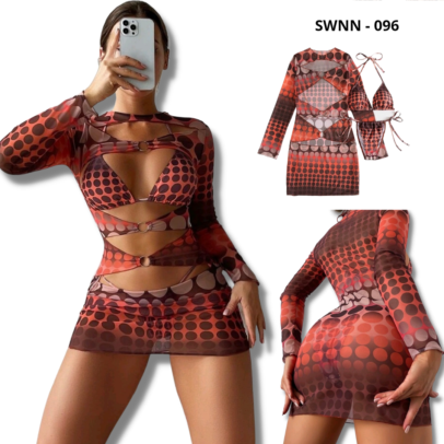 3 Piece Polka Dot Print Bikini Swimsuit & Cover Up - 096