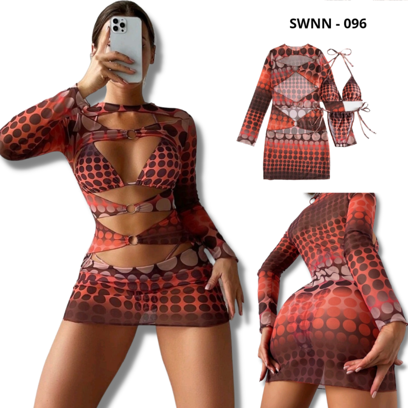 3 Piece Polka Dot Print Bikini Swimsuit & Cover Up - 096